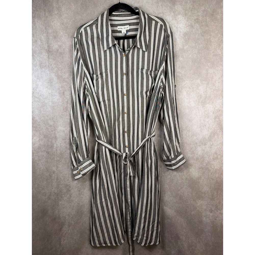 NWT Ava & Viv Shirt Dress Women 3X Grey Striped No-Gap Button Front Tie Waist